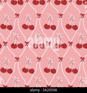 Cherry pattern with bows on pink background in repeating design. Stock Vector