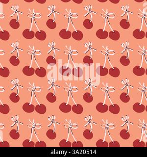 Seamless pattern of red cherries with stems on peach background. Stock Vector