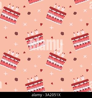 Seamless pattern of decorated cakes and hearts on peach background. Stock Vector
