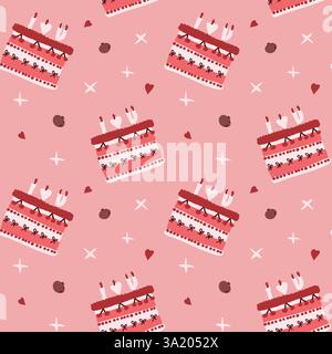Seamless pattern with decorated birthday cakes on pink background. Stock Vector