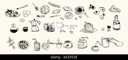 La dolce vita breakfast: coffee and pastries illustration for kitchen decor. Doodle elements for restaurant. Stock Vector