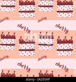 Seamless pattern of cherry topped cakes with heart details on pink background. Stock Vector