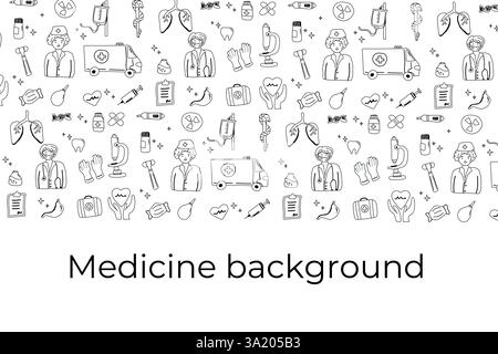 Doodle medical background with health icons and symbols. Stock Vector