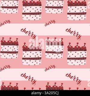 Cherry pattern with heart-decorated cakes on pink background. Stock Vector