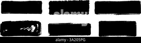 Rectangle dry paint stains set. Black grunge chalk square collection. Textured brush stroke element pack. Hand drawn charcoal blobs for frame design, template, poster, banner, text box. Vector Stock Vector