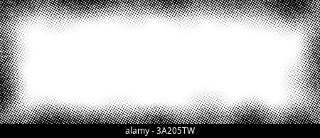 Halftone rectangle grain frame. Black comic dotted wavy border. Pop art fading gradient framing backdrop. Monochrome grunge abstract background. Vector dot textured graphic design wallpaper Stock Vector