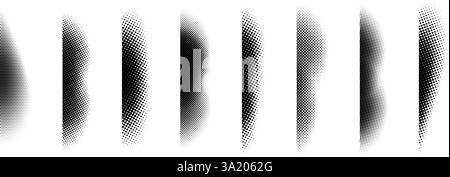 Halftone shadow set. Black dotted gradient stripe collection. Vertical pixel grain line pattern bundle. Half tone textured shade pack for divide and separate. Vector noise dots and particles elements Stock Vector