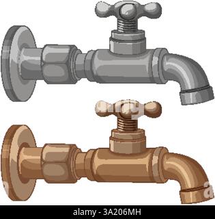 Vector illustration of two vintage metal water faucets, showcasing detailed design and realistic shading in a classic style Stock Vector