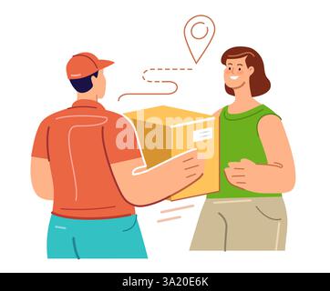 Delivery service, online shopping concept. Woman receives parcel from courier at home. Vector illustration flat design Stock Vector