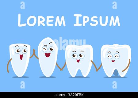 Types of human teeth . Dental cartoon characters and copy space on upper site . Vector . Stock Vector