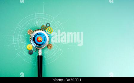 Business market trends, AI searching automation tools, management workflow concept. 3d target icon in magnifying glass with many gears and cogwheels o Stock Photo