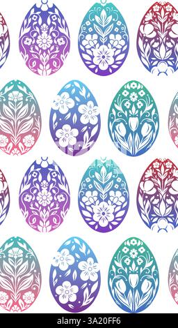 Vector seamless pattern with gradient Easter egg in folk art style on white background. Texture with tracery decorative holiday eggs. Spring floral Stock Vector