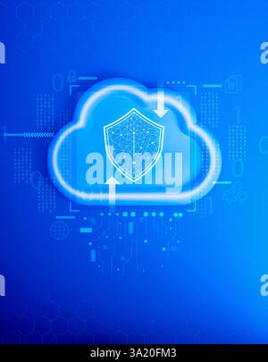 Cloud computing infrastructure technology, data system storage service concept. Digital shiel padlock on cloud with binary code and system tools graph Stock Photo