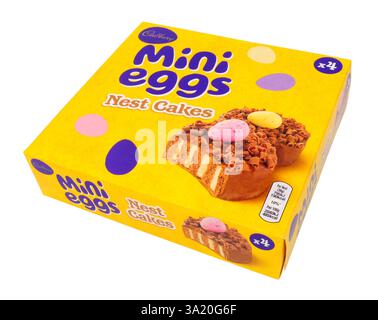 Cadbury Easter mini eggs nest cakes in a box containing four sponge cakes decorated with chocolate curls and a mini egg Stock Photo