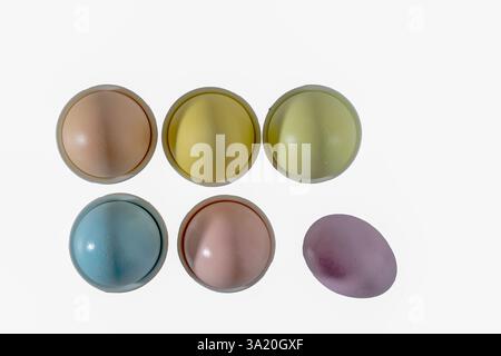 easter eggs in pastel colors. clean row and one egg laying on the right on a white background. high angle view, copy space. Stock Photo