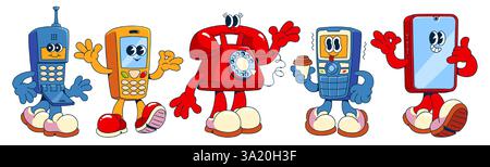 Cartoon illustration set of retro smiling mobile phone character mascots with faces, hands and legs in sneakers. Old fashioned vintage cellphone in different poses and emotions. Communication gadgets. Stock Vector