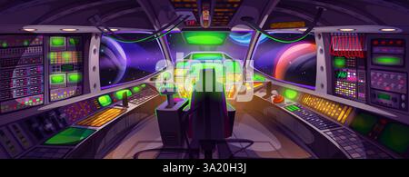 Spaceship cockpit interior - futuristic control panels, neon glowing displays, colorful buttons, switches and levers. Pilot seats front view inside spacecraft cabin. Science fiction starship bridge. Stock Vector