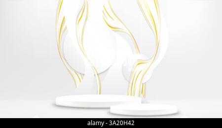 Gold wavy lines over white round steps podium display. Curved flowing golden stripes, smooth wave shape, clean minimal abstract background. 3d illustration for product presentation or award design. Stock Vector