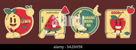 Retro fruit sticker set - happy lemon, watermelon, banana and apple characters. Funny cartoon mascots in vintage 1950s fashion style. Cute smiling food emoticons with text for products package design. Stock Vector