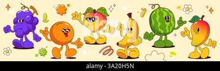 Groovy fruit characters set isolated on background. Vector cartoon illustration of retro grape, orange, peach, banana, watermelon, mango mascots with faces, comic emoji for vintage summer poster Stock Vector