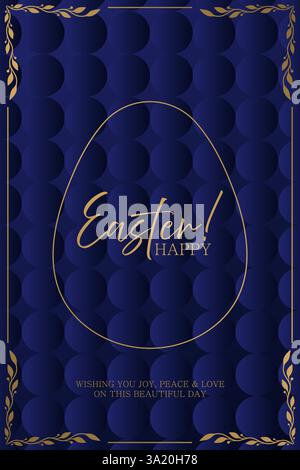 Easter set card. Dark blue background with gold egg outline, floral decorations, and elegant Happy Easter typography. Luxurious holiday greeting with Stock Vector