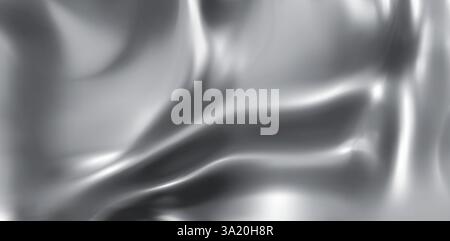 Liquid silver background with abstract waves. Vector realistic illustration of glossy chrome metal texture, smooth grey silk cloth, steel color fluid substance, wavy surface, aluminum foil material Stock Vector