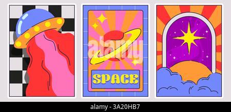 Groovy trippy space posters set - retro 70s style psychedelic art with flying alien UFO saucer, Saturn planet, star in sky with abstract clouds on checkered surreal funky bright colors background. Stock Vector