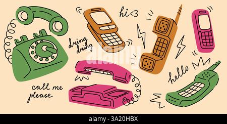 Vintage cartoon phone set illustration - retro rotary dial telephone, hand drawn flip mobile, old fashioned push button handset. Quirky funky sketch of outdated communication technology devices. Stock Vector
