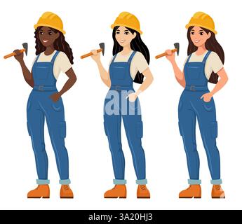 Vector collection of female workers in helmets with hammer. Set of builders of different nationalities. Construction professionals in cartoon flat sty Stock Vector