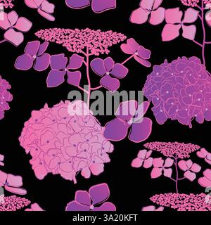 Pink Hydrangea seamless vector hand drawn, botanical pattern, stylized flowers black background. Hydrangea illustration hand drawn. wallpaper purple Stock Vector