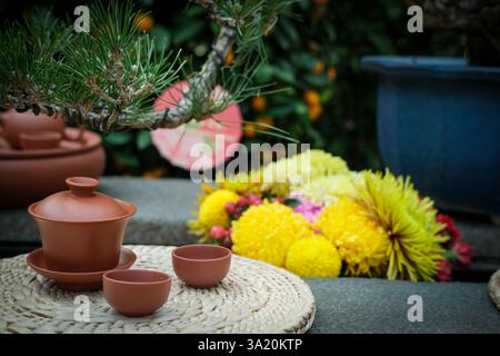 Handmade Chinese Porcelain Traditional Kung Fu Tea Set Cup Saucer From Red Clay Gaiwan Stock Photo