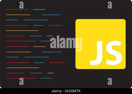 JavaScript emblem on the black background with code lines. Vector illustration. Stock Vector