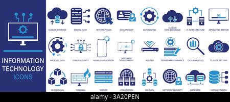Information technology icons, information technology flat icons isolated on white background. Stock Vector