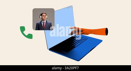 Contemporary visual collage. Laptop screen displaying professional in headset, surrounded by call symbols, illustrating remote work. Stock Photo