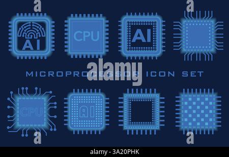 Vector Microprocessor Icon Set Isolated On A Dark Blue Background. Stock Vector