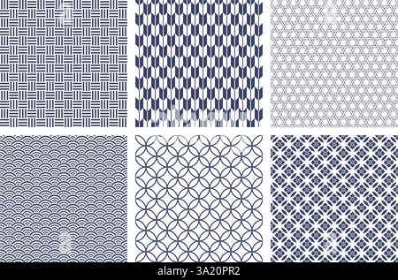 Horizontally And Vertically Repeatable Vector Seamless Japanese Vintage Pattern Set. Stock Vector