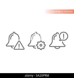 Bell notification, warning and caution line icon set. Exclamation and gear, data breach and attention outline icons. Stock Vector