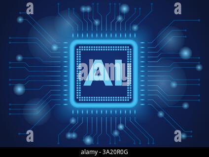 Vector Seamless AI Microprocessor Concept Illustration On A Dark Blue Background. Horizontally And Vertically Repeatable. Stock Vector