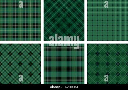 Horizontally And Vertically Repeatable Seamless Green Tartan Plaid Set. Vector Illustration. Stock Vector