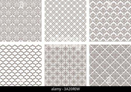 Horizontally And Vertically Repeatable Vector Seamless Damask Vintage Pattern Set Isolated On A White Background. Stock Vector