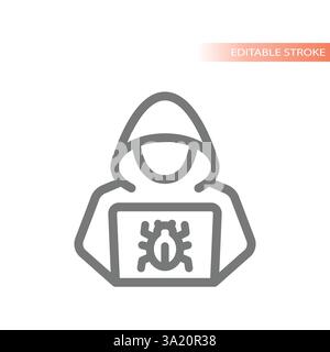 Computer hacker with hoodie and laptop. Virus, spyware or malware attach, cyber crime vector line icon. Stock Vector