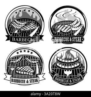 set of a barbecue and steak restaurant logo with grilling meat and sausage on grill rack Stock Vector