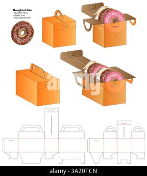 Donut Box packaging die cut template design. 3d mock-up Stock Vector
