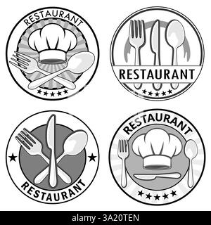 set of restuarant logo wtih spoon,fork,dish,chef hat. Stock Vector