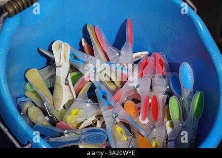 Closeup of clothespins, pegs in a blue bucket. March, Netherlands Stock Photo