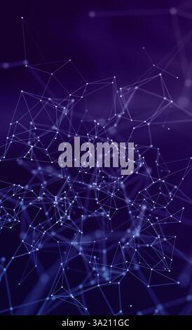 White dots and lines connecting on a dark purple background, creating a futuristic plexus mesh representing data flow and network communication Stock Photo