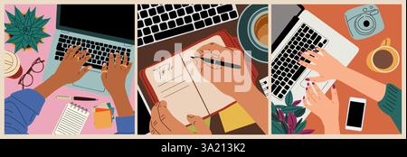 Set of Top view workplace scenes vector art Stock Vector