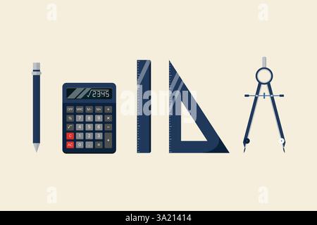 Math tools for geometry drawing. measurements. Compass, calculator, protractor, triangle ruler. Precise measuring items for mathematics education. Vec Stock Vector