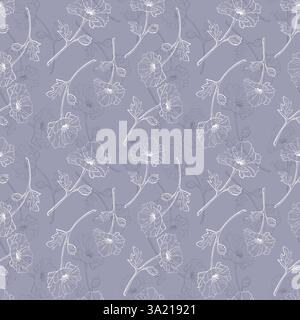 Flowers on soft lilac background, pattern of contour drawings of flowers, possibly poppies. Textile. Vector illustration Stock Vector