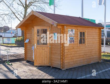 wooden cottage for summer equipment on sale Bad Hersfeld, Germany, 03.02.25. High quality photo Stock Photo